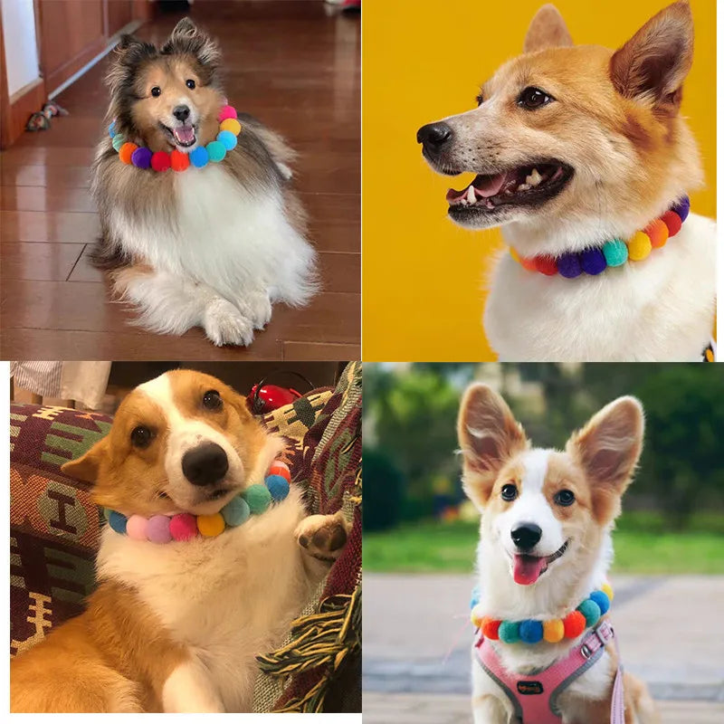 50pcs Elastic Plush Pom Ball Pet Collar Rainbow Flower Hair Decoration Dog Bowtie Necklace Pet Cat Bow Dog Grooming Accessories