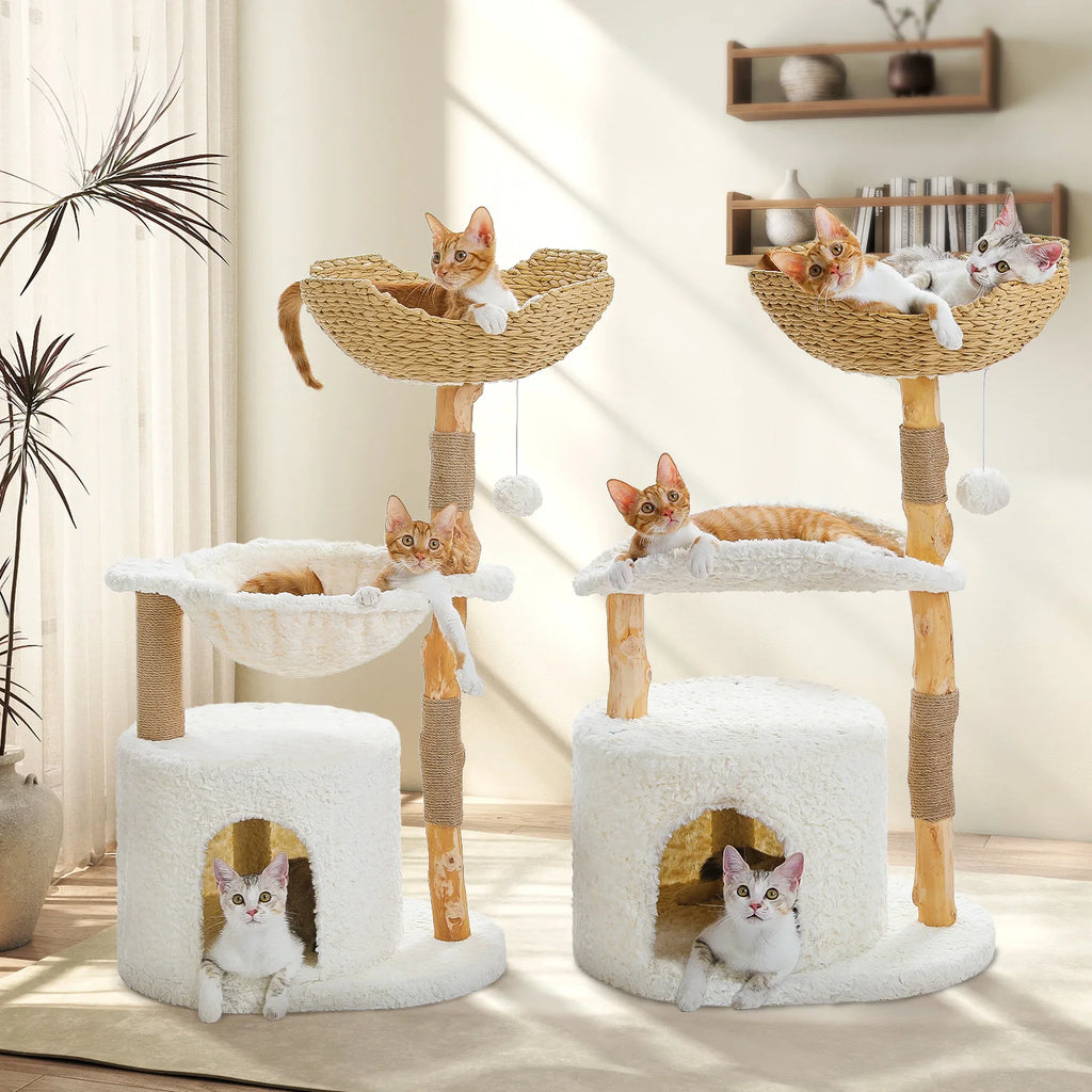 Cat Tree Tower with Large Woven Wicker Basket