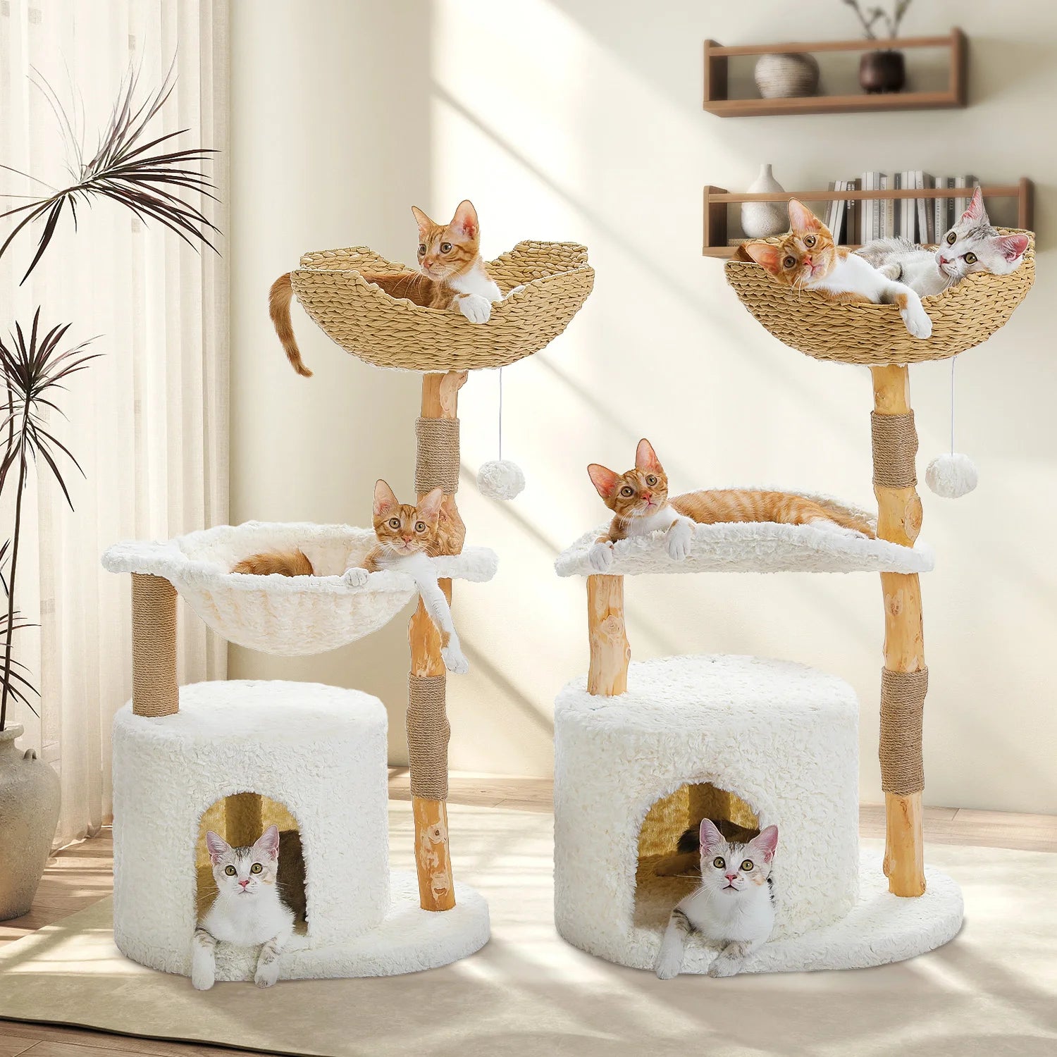 Cat Tree Tower with Large Woven Wicker Basket