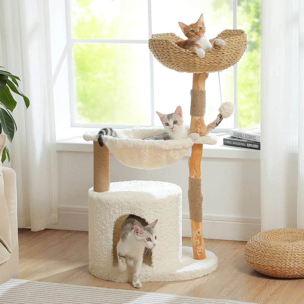 Cat Tree Tower with Large Woven Wicker Basket
