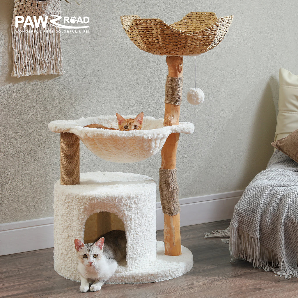 Cat Tree Tower with Large Woven Wicker Basket